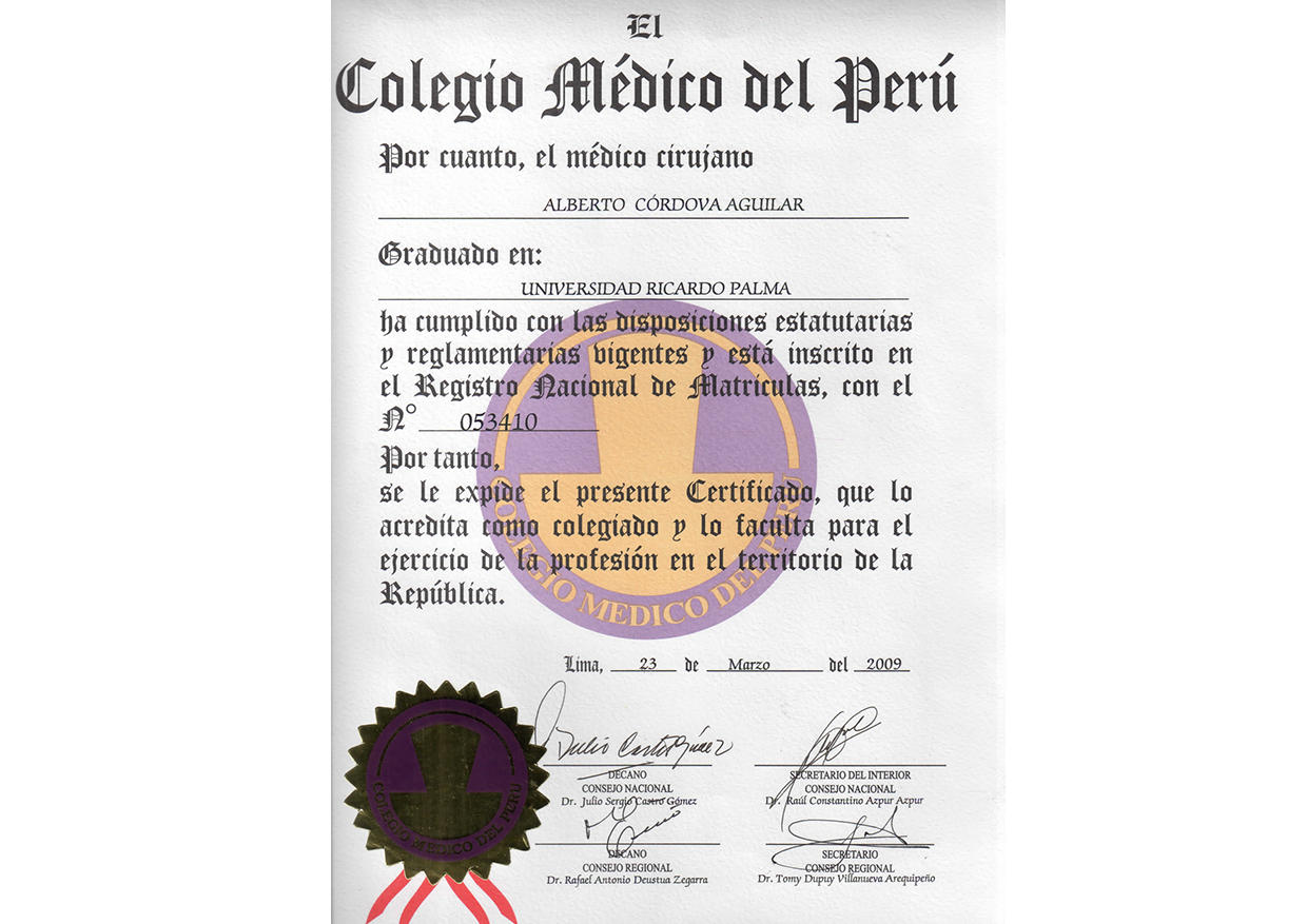 Colegio Médico del Perú Certificado de Graduación